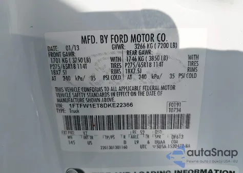 2013 Ford F-150 Xlt z USA, uszkodzony, nr VIN 1FTFW1ET8DKE22366